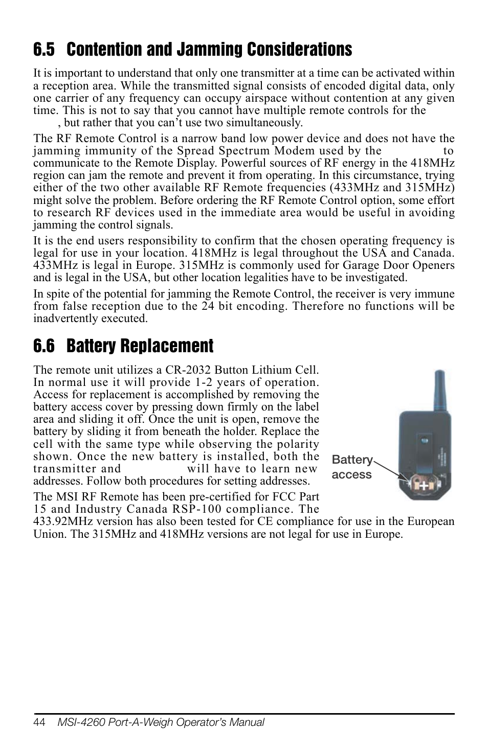 5 contention and jamming considerations, 6 battery replacement | Rice Lake MSI-4260 Port-A-Weigh User Manual | Page 48 / 64