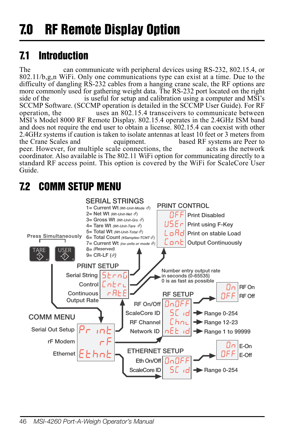 0 rf remote display option, 1 introduction, 2 comm setup menu | Rf remote display option, 1 introduction 7.2 comm setup menu, 3ulqw u) (wkqw, 2q2ii 6&lg, 2ii 86(u /r$g &rqw, 2q 2ii | Rice Lake MSI-4260 Port-A-Weigh User Manual | Page 50 / 64
