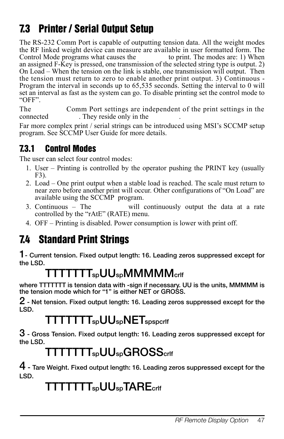 3 printer / serial output setup, 1 control modes, 4 standard print strings | Control modes, Gross, Tare, 4 standard print strings 1 | Rice Lake MSI-4260 Port-A-Weigh User Manual | Page 51 / 64