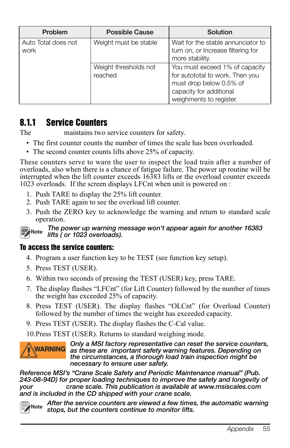 1 service counters, Service counters | Rice Lake MSI-4260 Port-A-Weigh User Manual | Page 59 / 64