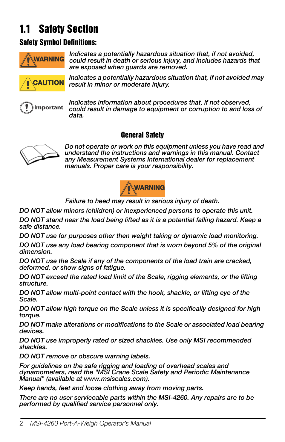 1 safety section | Rice Lake MSI-4260 Port-A-Weigh User Manual | Page 6 / 64