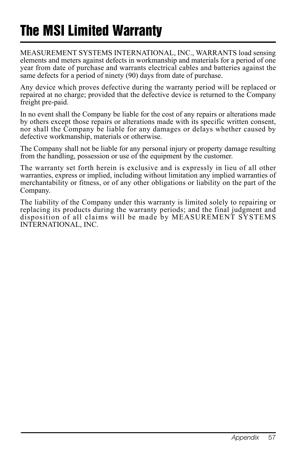 The msi limited warranty, The msi limited warranty 57 | Rice Lake MSI-4260 Port-A-Weigh User Manual | Page 61 / 64