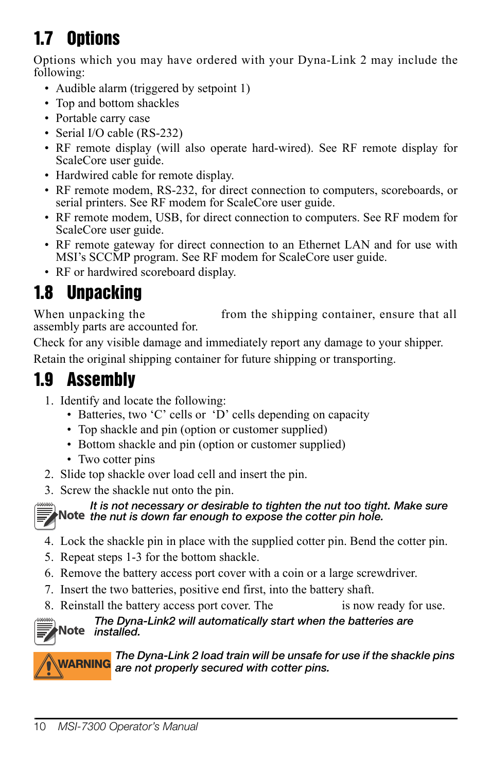 7 options, 8 unpacking, 9 assembly | Options, Unpacking, Assembly | Rice Lake MSI-7300 Dyna-Link 2 User Manual | Page 14 / 60