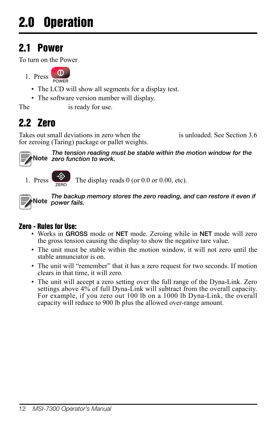 0 operation, 1 power, 2 zero | Operation, Power, Zero | Rice Lake MSI-7300 Dyna-Link 2 User Manual | Page 16 / 60
