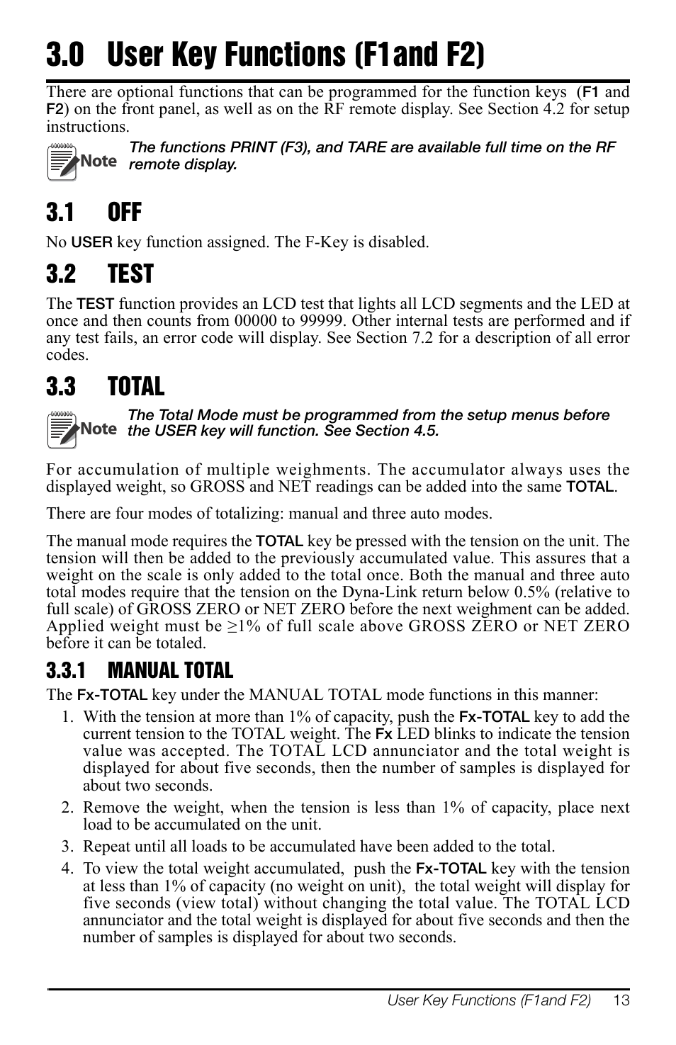 0 user key functions (f1and f2), 1 off, 2 test | 3 total, 1 manual total, User key functions (f1and f2), Test, Total | Rice Lake MSI-7300 Dyna-Link 2 User Manual | Page 17 / 60