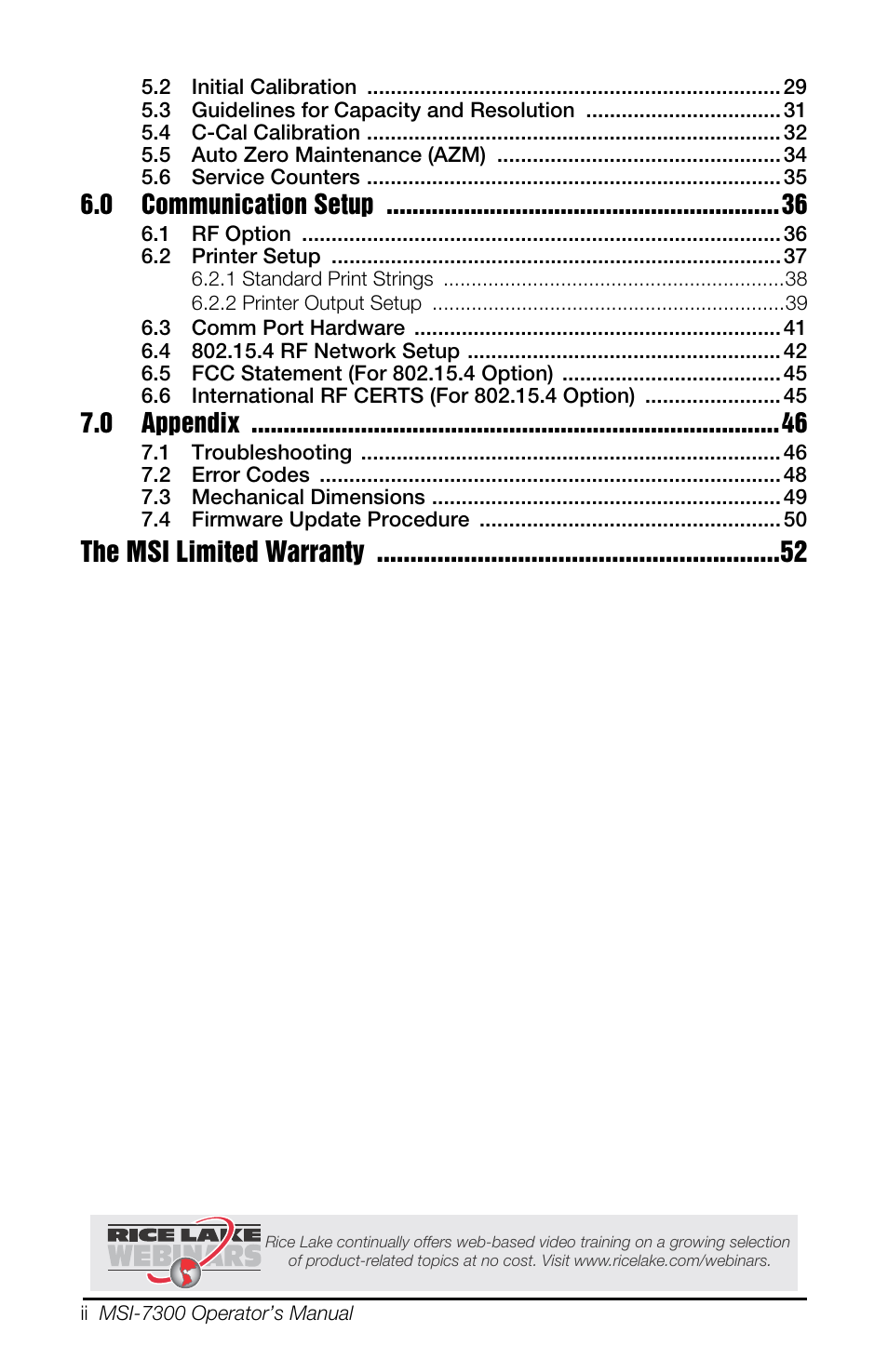 The msi limited warranty, 0 communication setup, 0 appendix | Rice Lake MSI-7300 Dyna-Link 2 User Manual | Page 4 / 60