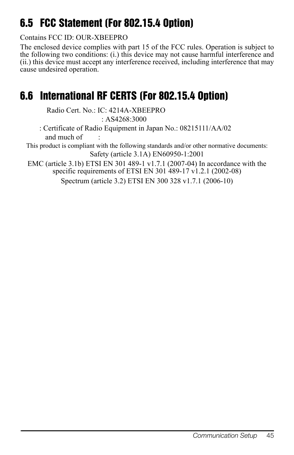 5 fcc statement (for 802.15.4 option), 6 international rf certs (for 802.15.4 option), Fcc statement (for 802.15.4 option) | International rf certs (for 802.15.4 option) | Rice Lake MSI-7300 Dyna-Link 2 User Manual | Page 49 / 60