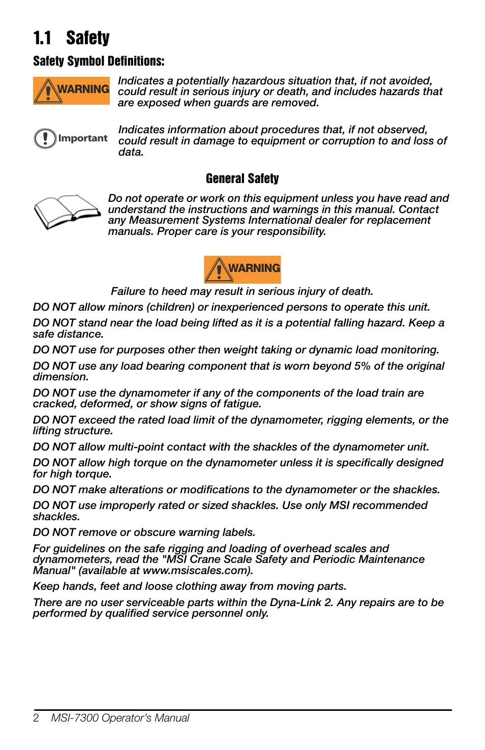 1 safety, Safety | Rice Lake MSI-7300 Dyna-Link 2 User Manual | Page 6 / 60