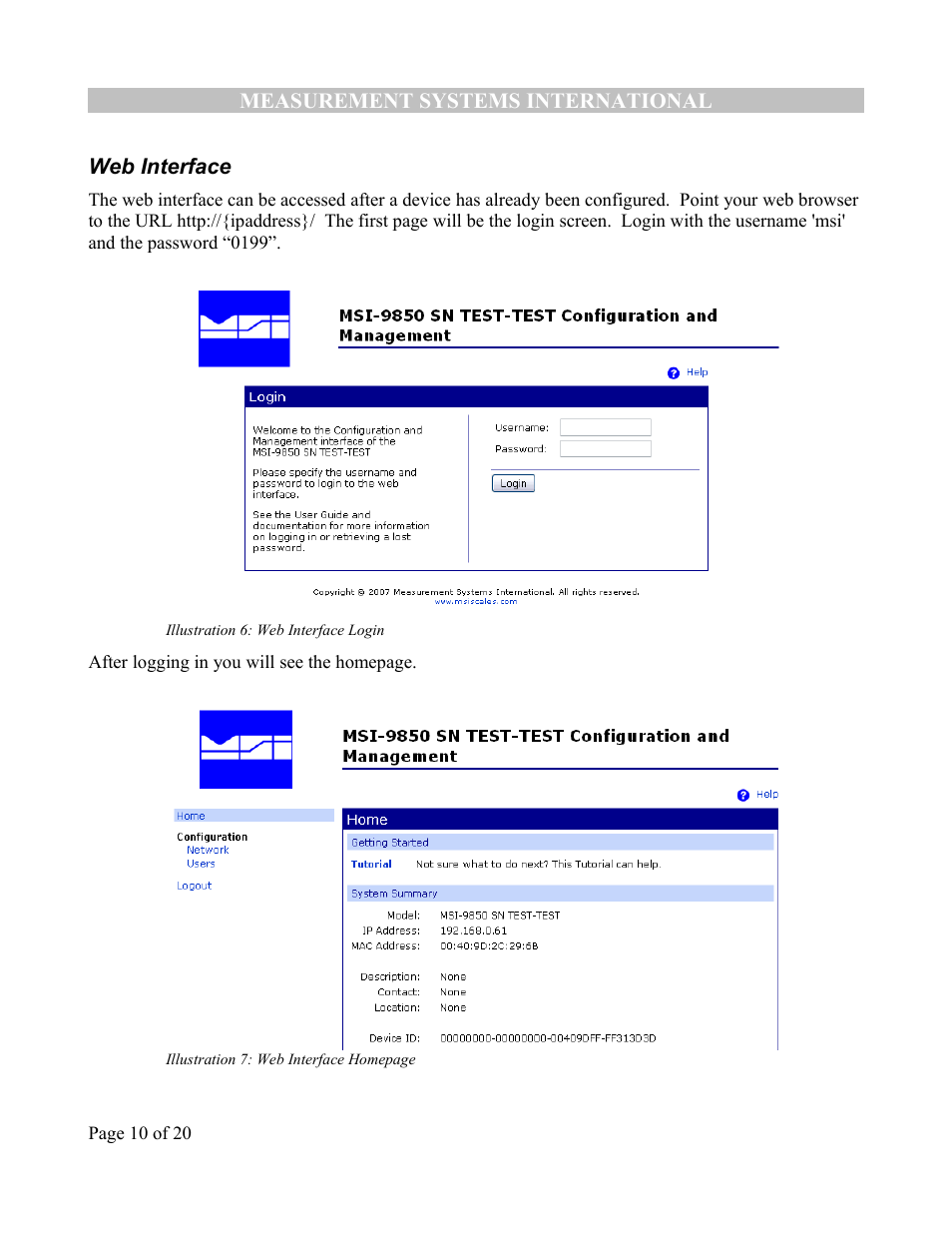 Web interface | Rice Lake MSI-9850 CellScale RF Digital Indicator - Ethernet Option Supplement User Manual | Page 10 / 21