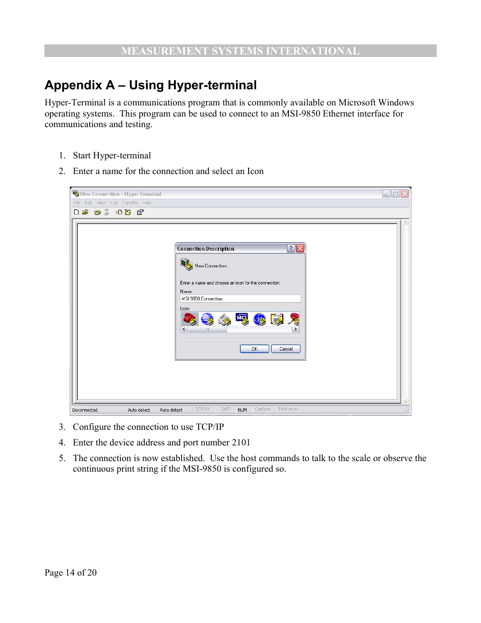 Appendix a – using hyper-terminal | Rice Lake MSI-9850 CellScale RF Digital Indicator - Ethernet Option Supplement User Manual | Page 14 / 21