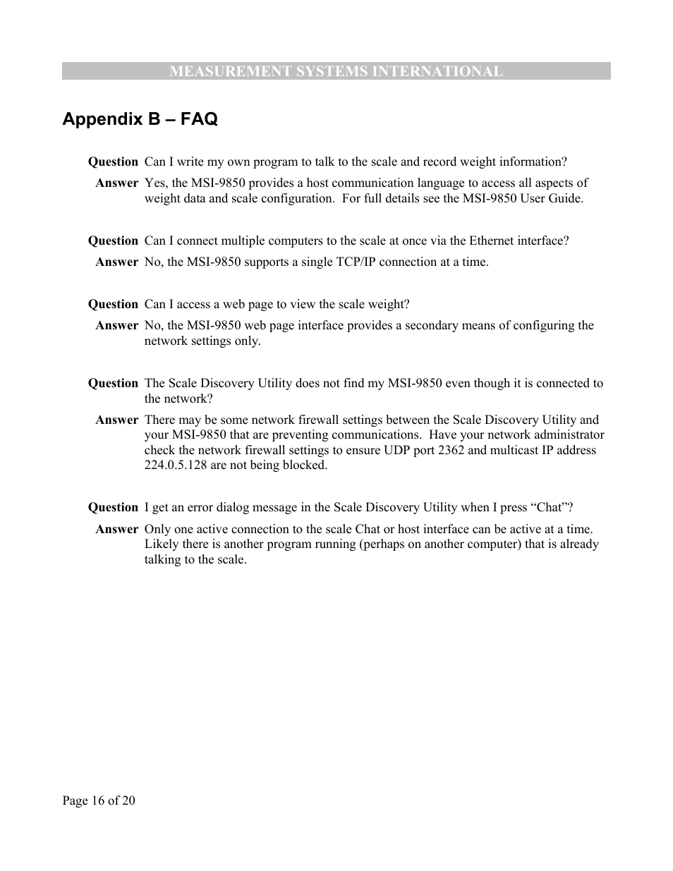 Appendix b – faq | Rice Lake MSI-9850 CellScale RF Digital Indicator - Ethernet Option Supplement User Manual | Page 16 / 21