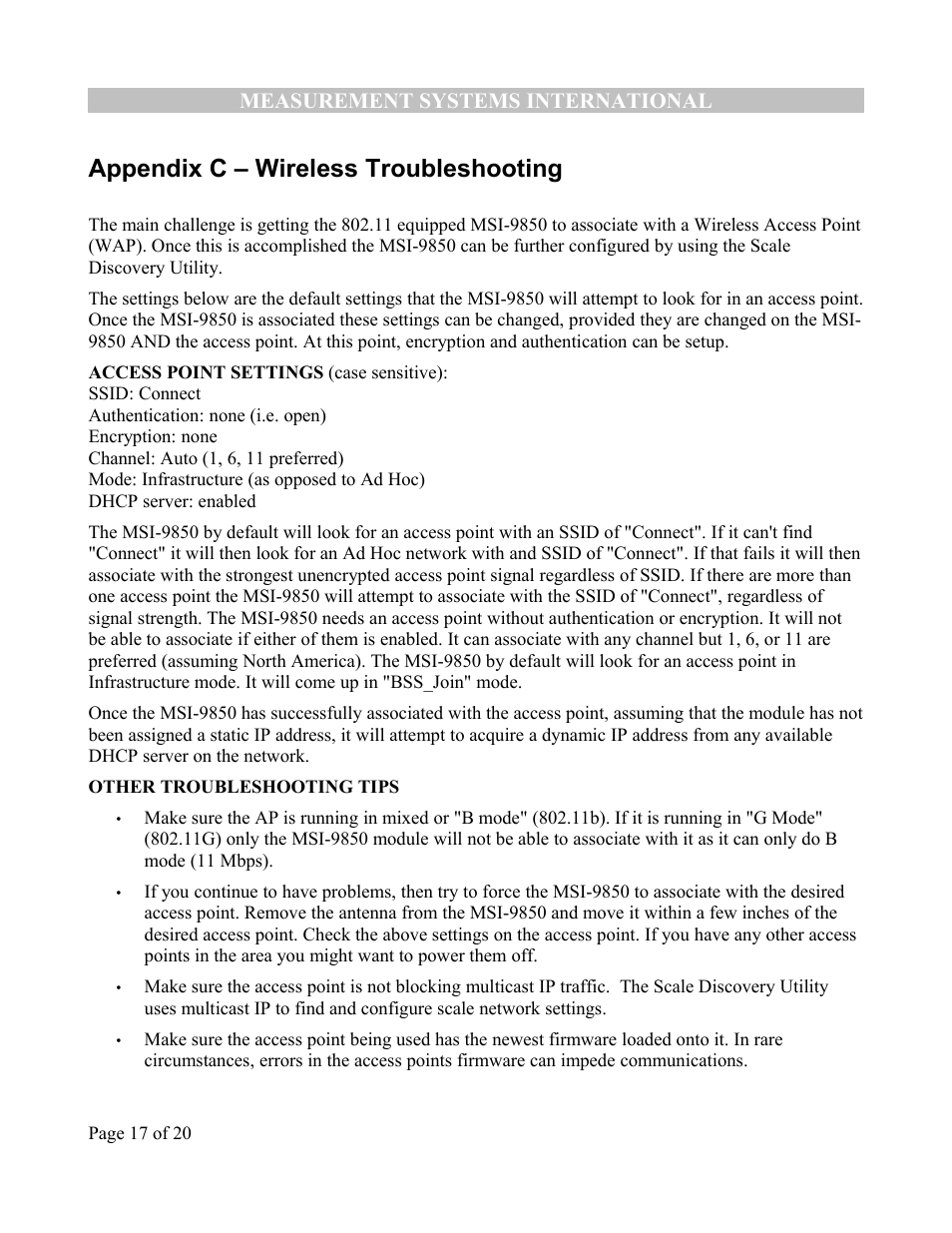 Appendix c – wireless troubleshooting, Measurement systems international | Rice Lake MSI-9850 CellScale RF Digital Indicator - Ethernet Option Supplement User Manual | Page 17 / 21