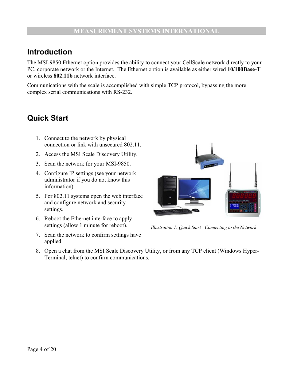 Introduction, Quick start | Rice Lake MSI-9850 CellScale RF Digital Indicator - Ethernet Option Supplement User Manual | Page 4 / 21