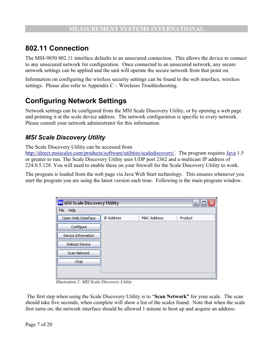 11 connection, Configuring network settings, Msi scale discovery utility | Rice Lake MSI-9850 CellScale RF Digital Indicator - Ethernet Option Supplement User Manual | Page 7 / 21