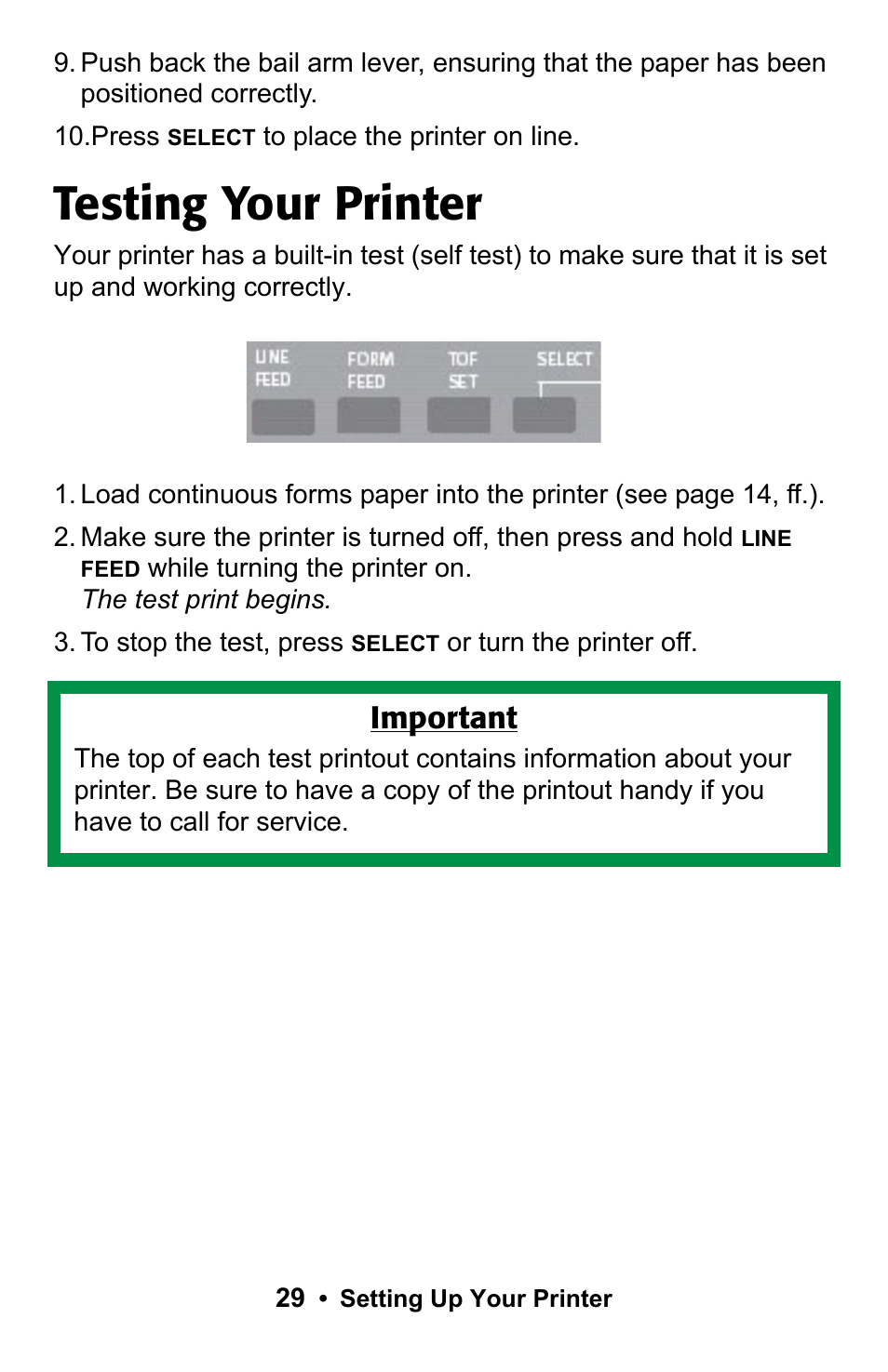 Testing your printer, Important | Rice Lake Okidata Microline ML 186 User Manual | Page 29 / 86