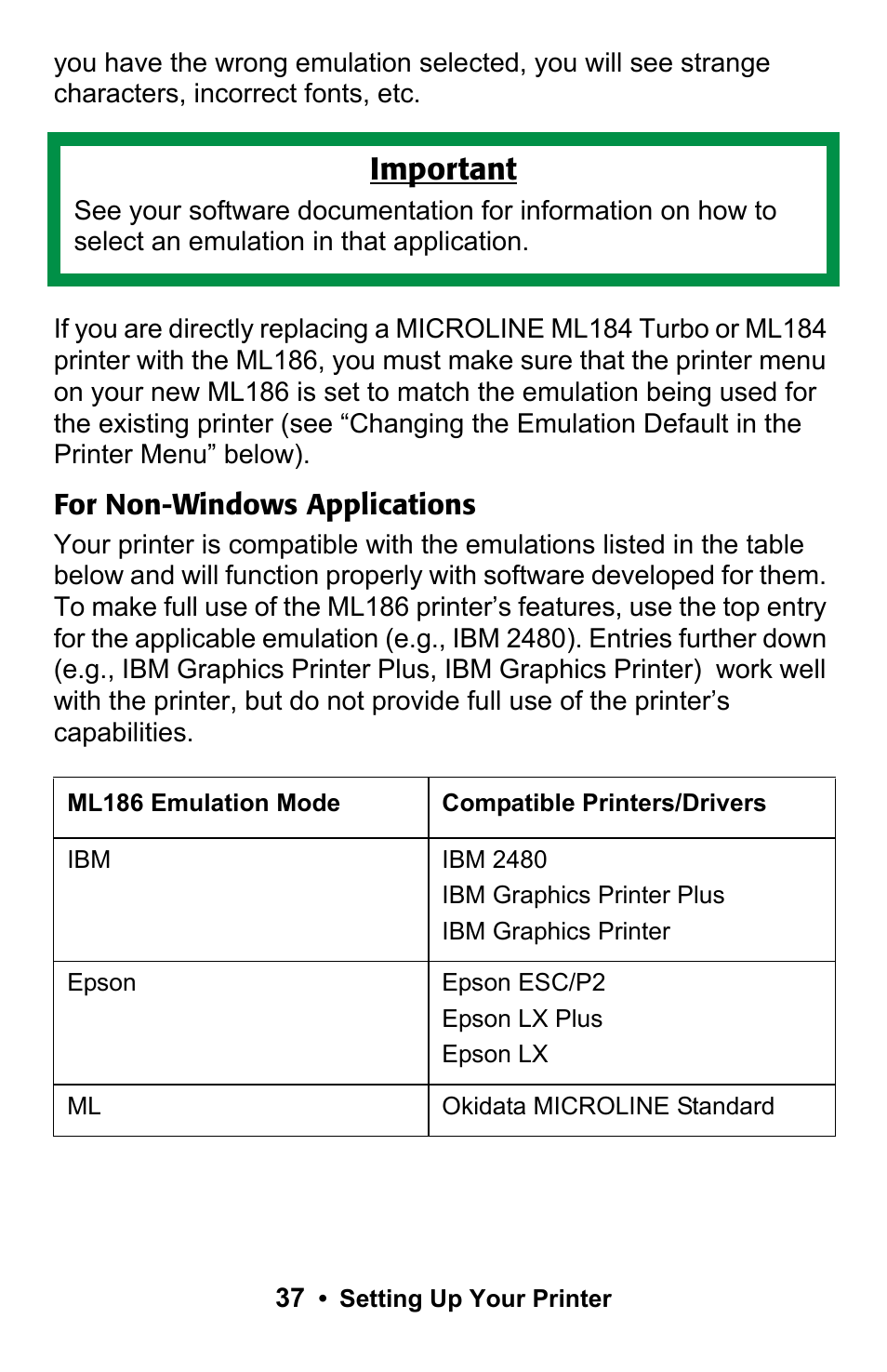 Important, For non-windows applications | Rice Lake Okidata Microline ML 186 User Manual | Page 37 / 86