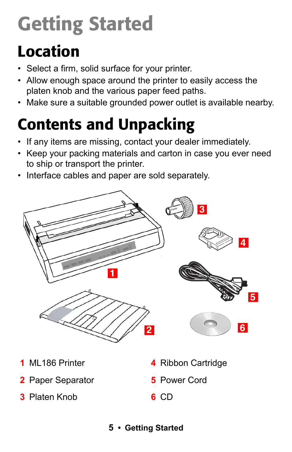 Getting started, Location, Contents and unpacking | Location contents and unpacking | Rice Lake Okidata Microline ML 186 User Manual | Page 5 / 86