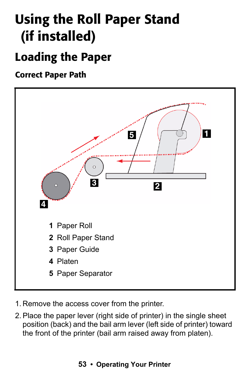 Using the roll paper stand, Loading the paper, Using the roll paper stand (if installed) | Rice Lake Okidata Microline ML 186 User Manual | Page 53 / 86