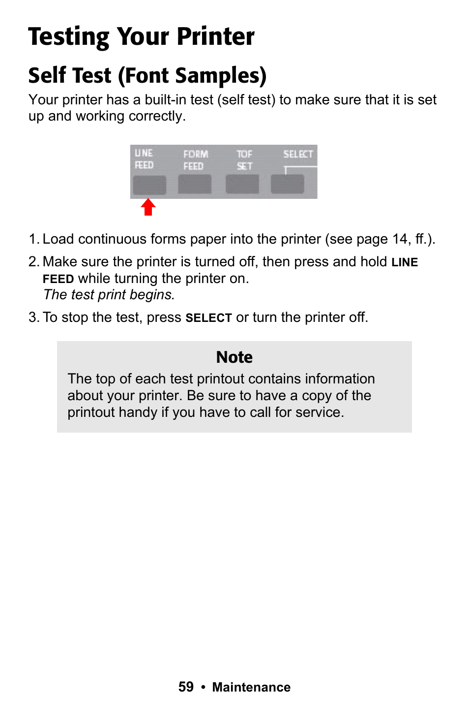 Testing your printer, Self test (font samples) | Rice Lake Okidata Microline ML 186 User Manual | Page 59 / 86