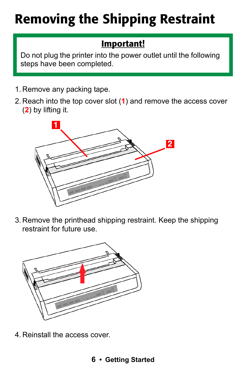 Removing the shipping restraint | Rice Lake Okidata Microline ML 186 User Manual | Page 6 / 86