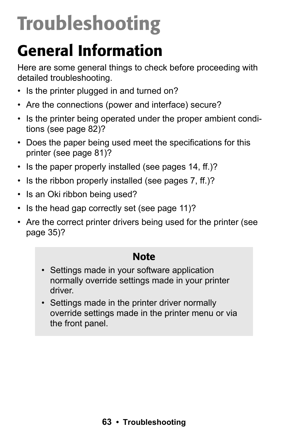 Troubleshooting, General information | Rice Lake Okidata Microline ML 186 User Manual | Page 63 / 86