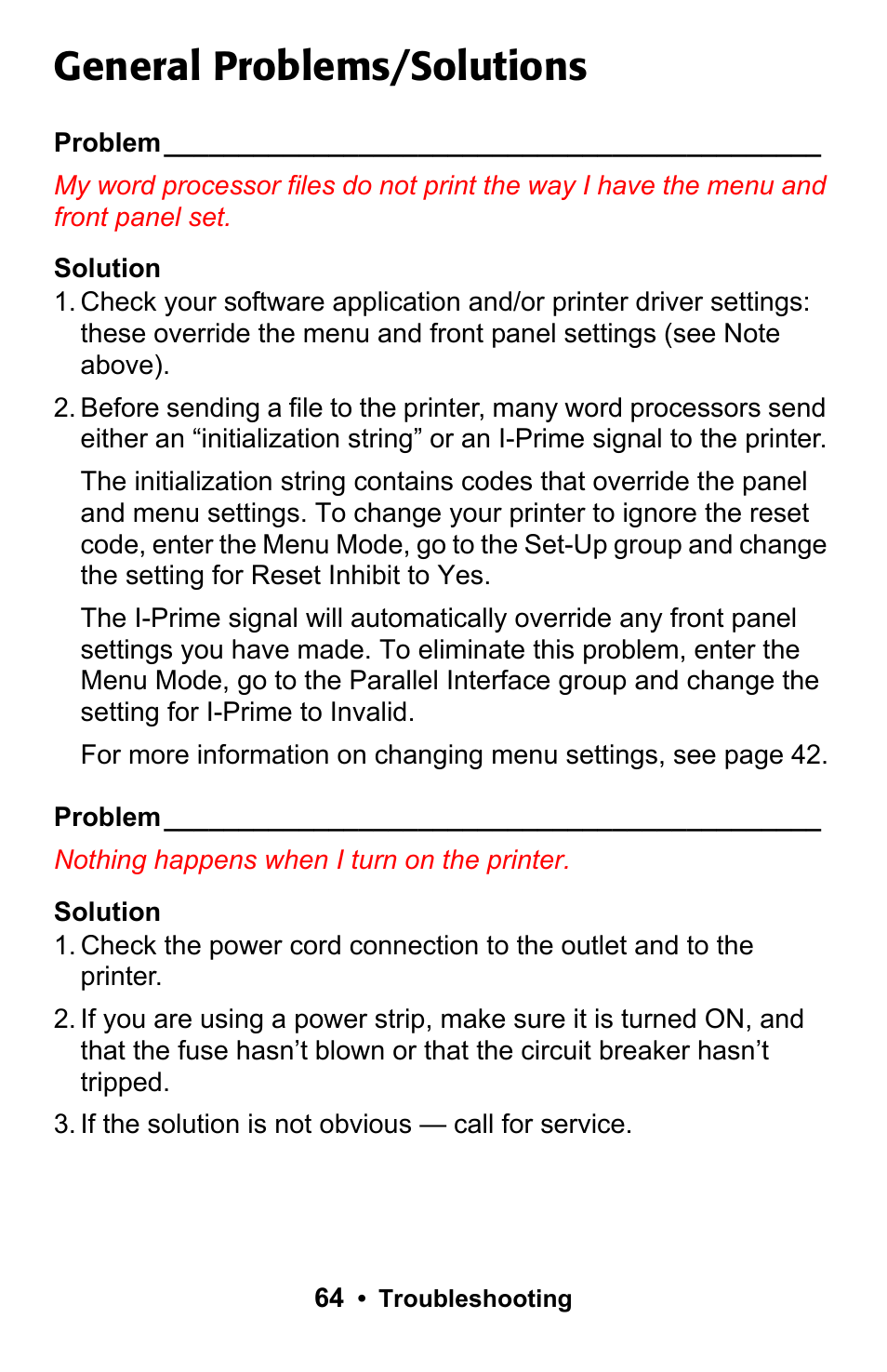 General problems/solutions | Rice Lake Okidata Microline ML 186 User Manual | Page 64 / 86