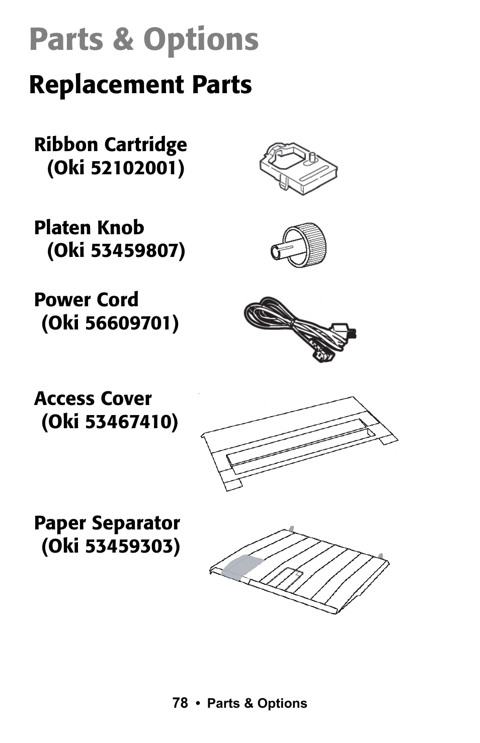 Parts & options, Replacement parts | Rice Lake Okidata Microline ML 186 User Manual | Page 78 / 86