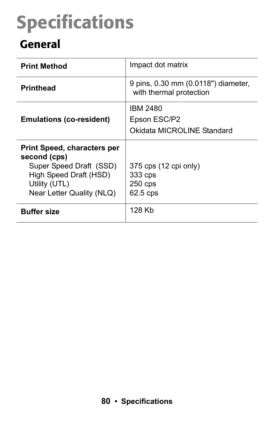 Specifications, General | Rice Lake Okidata Microline ML 186 User Manual | Page 80 / 86