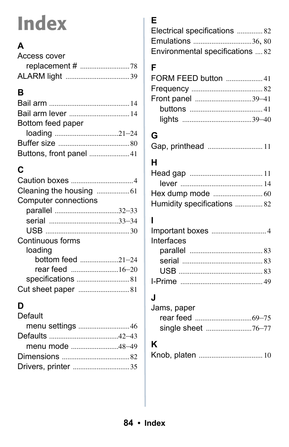 Index | Rice Lake Okidata Microline ML 186 User Manual | Page 84 / 86
