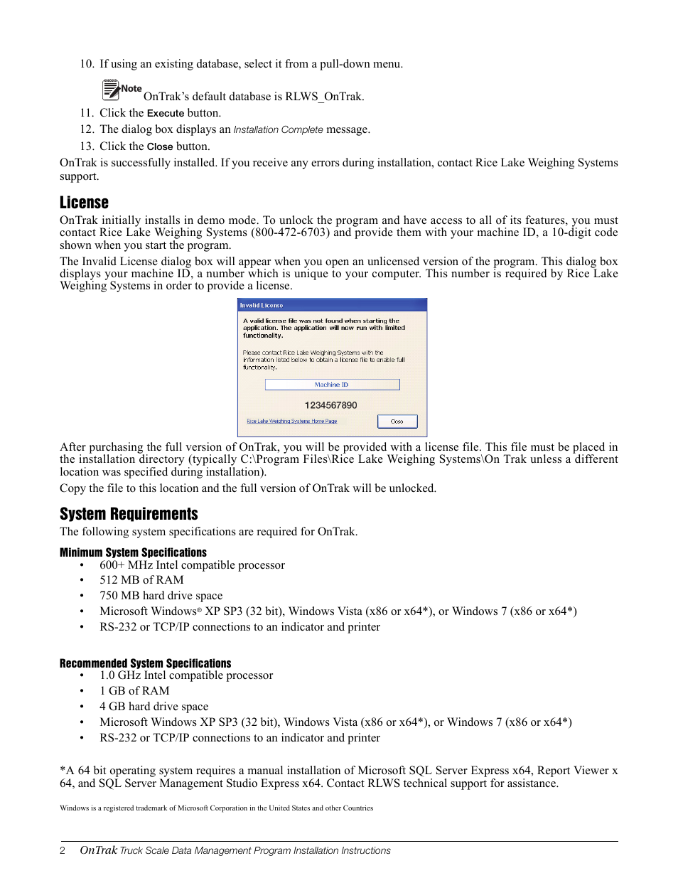 License, System requirements | Rice Lake Truck Scale Data Management User Manual | Page 2 / 2