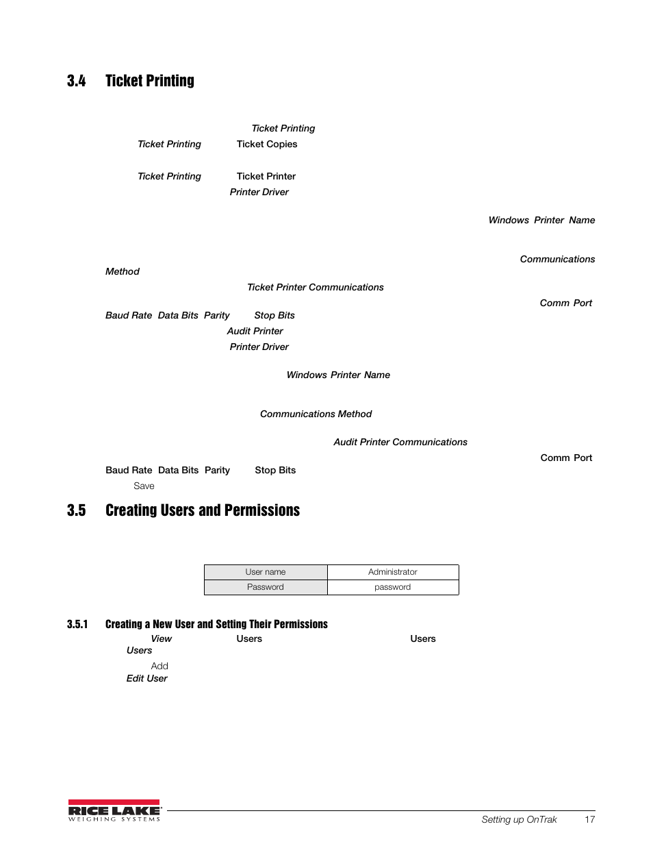 4 ticket printing, 5 creating users and permissions, Creating a new user and setting their permissions | Rice Lake OnTrak Truck Scale Data Management - Operation Manual User Manual | Page 21 / 48