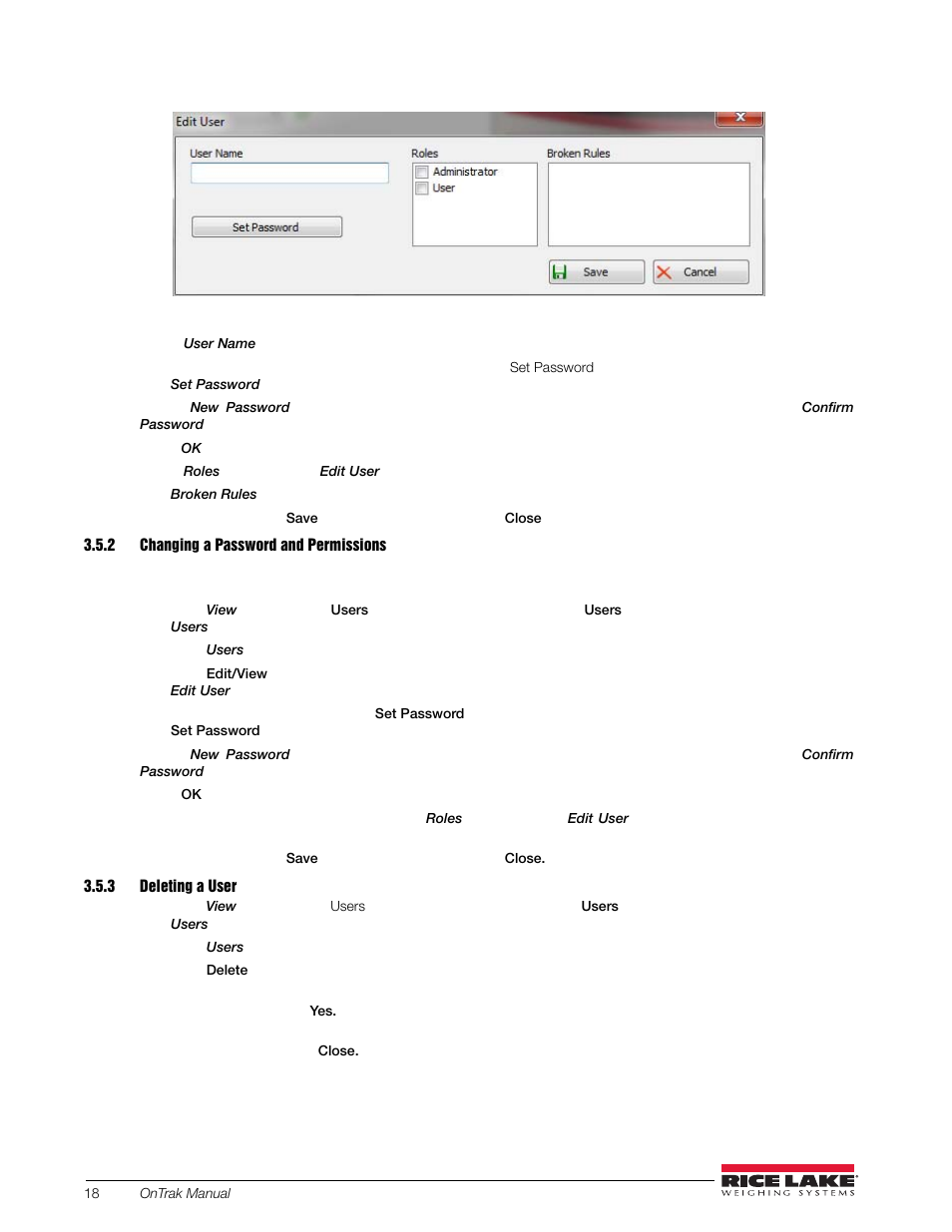 2 changing a password and permissions, 3 deleting a user, Changing a password and permissions | Deleting a user | Rice Lake OnTrak Truck Scale Data Management - Operation Manual User Manual | Page 22 / 48