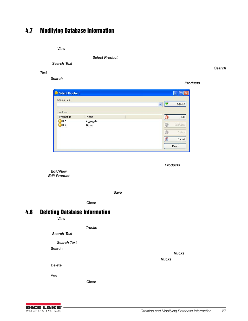 7 modifying database information, 8 deleting database information | Rice Lake OnTrak Truck Scale Data Management - Operation Manual User Manual | Page 31 / 48