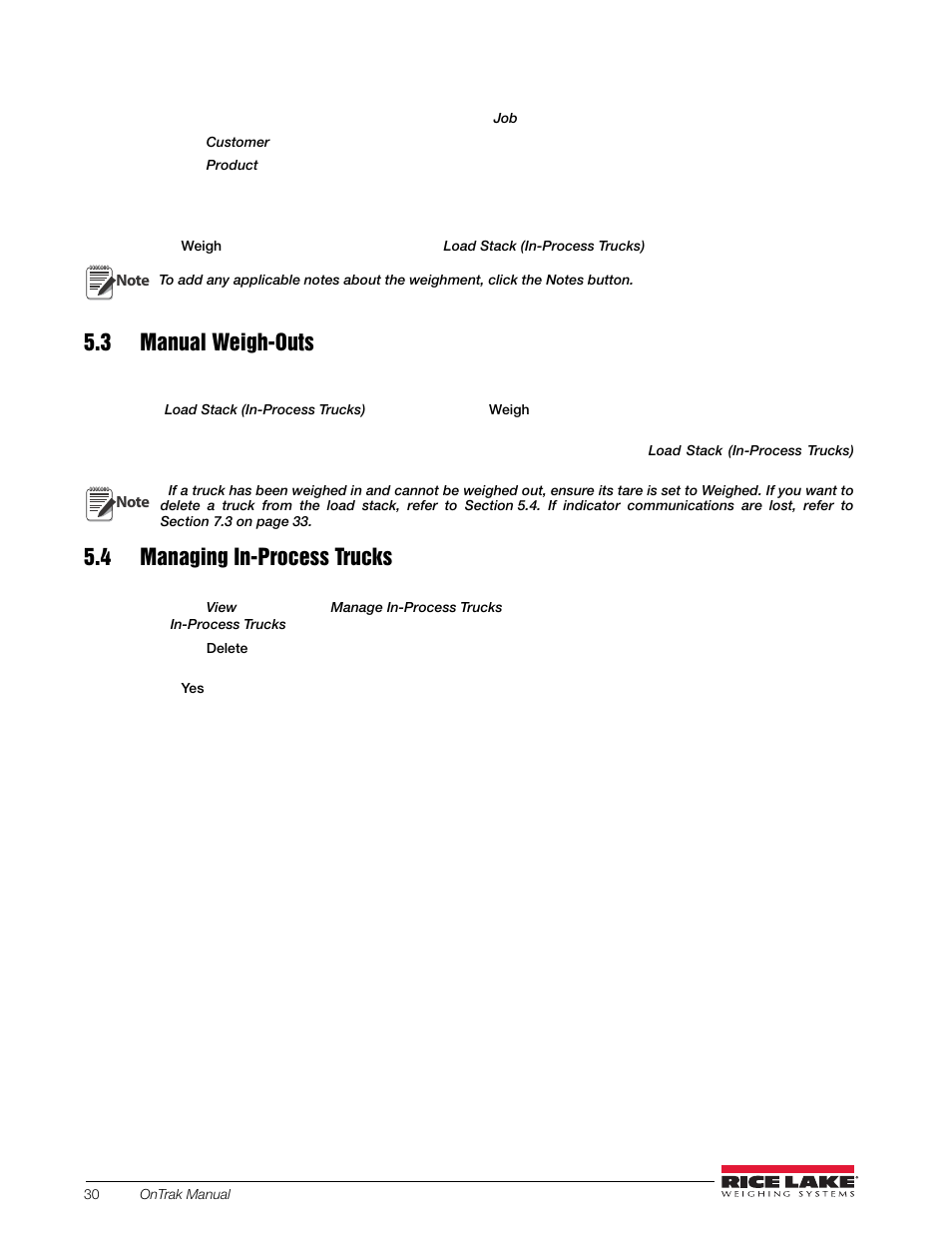 3 manual weigh-outs, 4 managing in-process trucks, 3 manual weigh-outs 5.4 managing in-process trucks | Rice Lake OnTrak Truck Scale Data Management - Operation Manual User Manual | Page 34 / 48