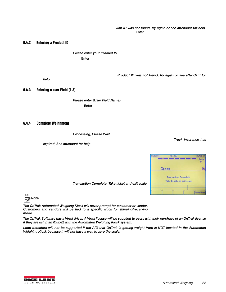 2 entering a product id, 3 entering a user field (1-3), 4 complete weighment | Entering a product id, Entering a user field (1-3), Complete weighment | Rice Lake OnTrak Truck Scale Data Management - Operation Manual User Manual | Page 37 / 48