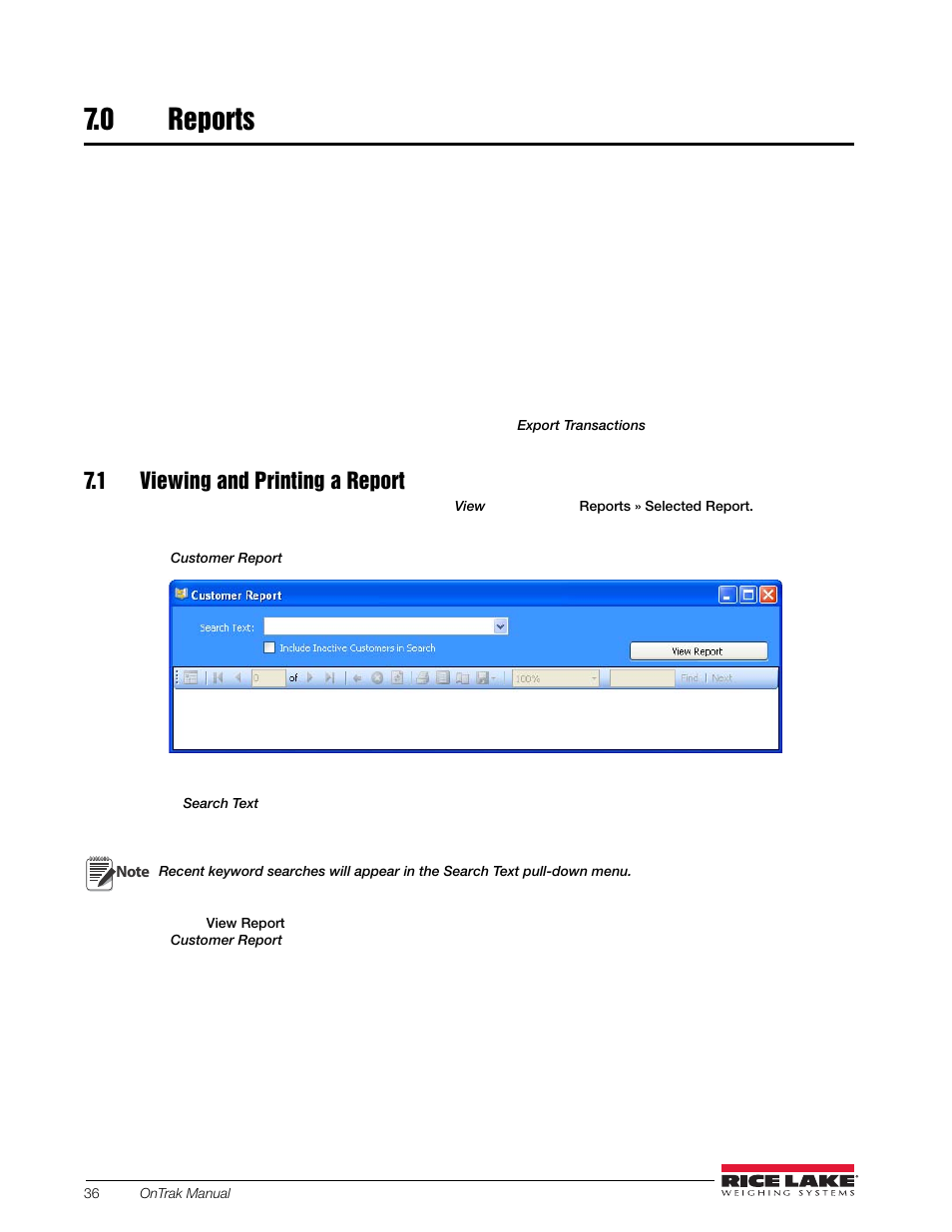 0 reports, 1 viewing and printing a report, Reports | Rice Lake OnTrak Truck Scale Data Management - Operation Manual User Manual | Page 40 / 48