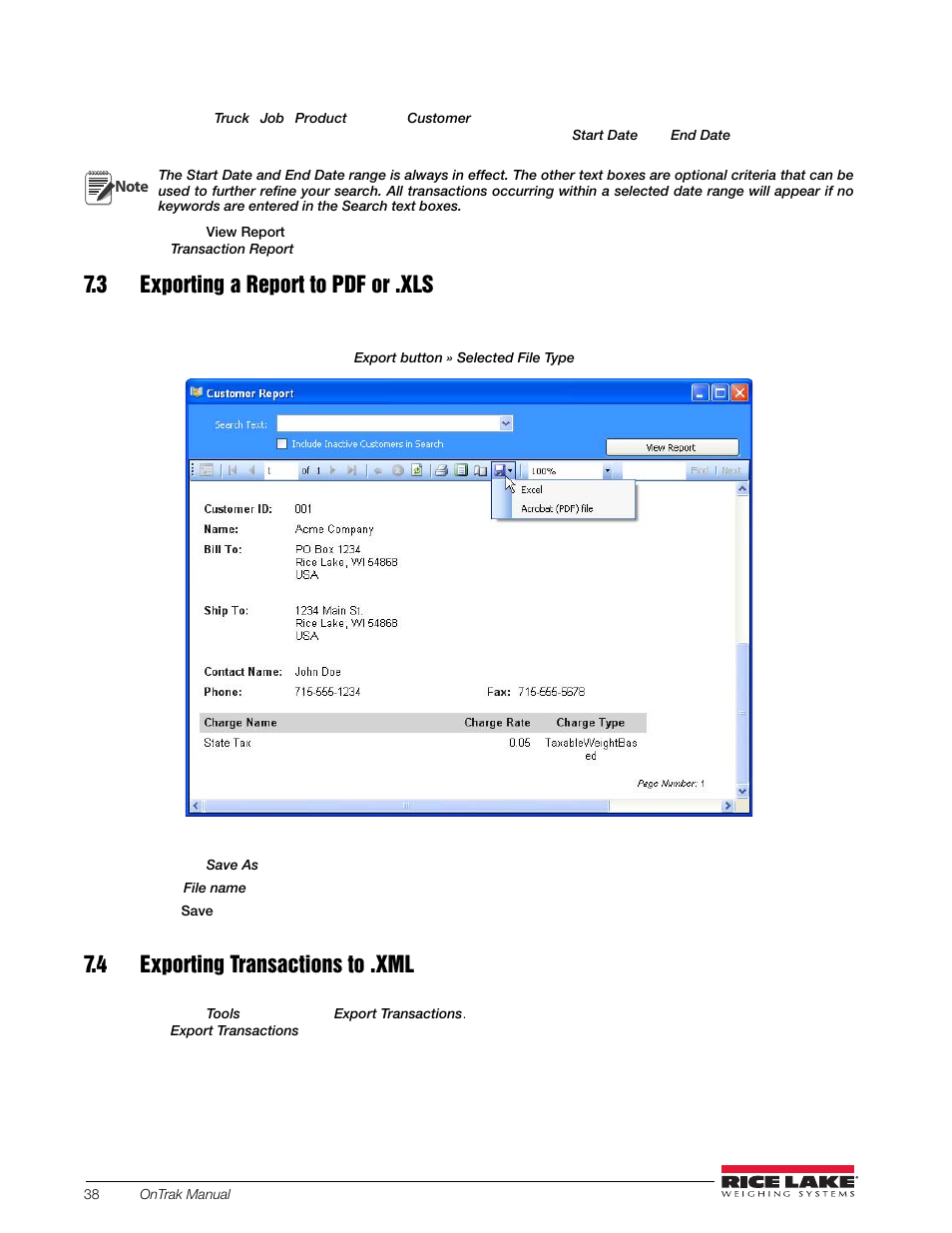 3 exporting a report to pdf or .xls, 4 exporting transactions to .xml | Rice Lake OnTrak Truck Scale Data Management - Operation Manual User Manual | Page 42 / 48