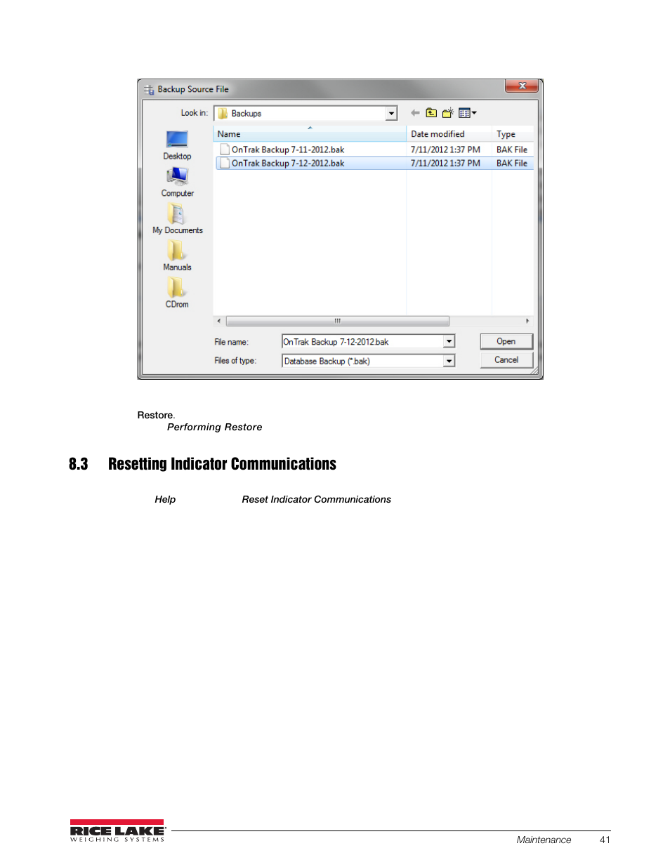 3 resetting indicator communications | Rice Lake OnTrak Truck Scale Data Management - Operation Manual User Manual | Page 45 / 48