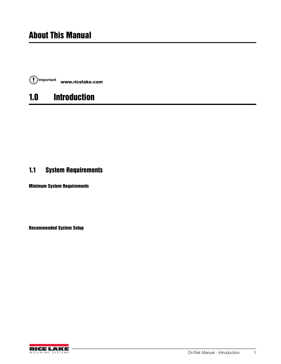 About this manual, 0 introduction, 1 system requirements | About this manual 1.0, Introduction | Rice Lake OnTrak Truck Scale Data Management - Operation Manual User Manual | Page 5 / 48