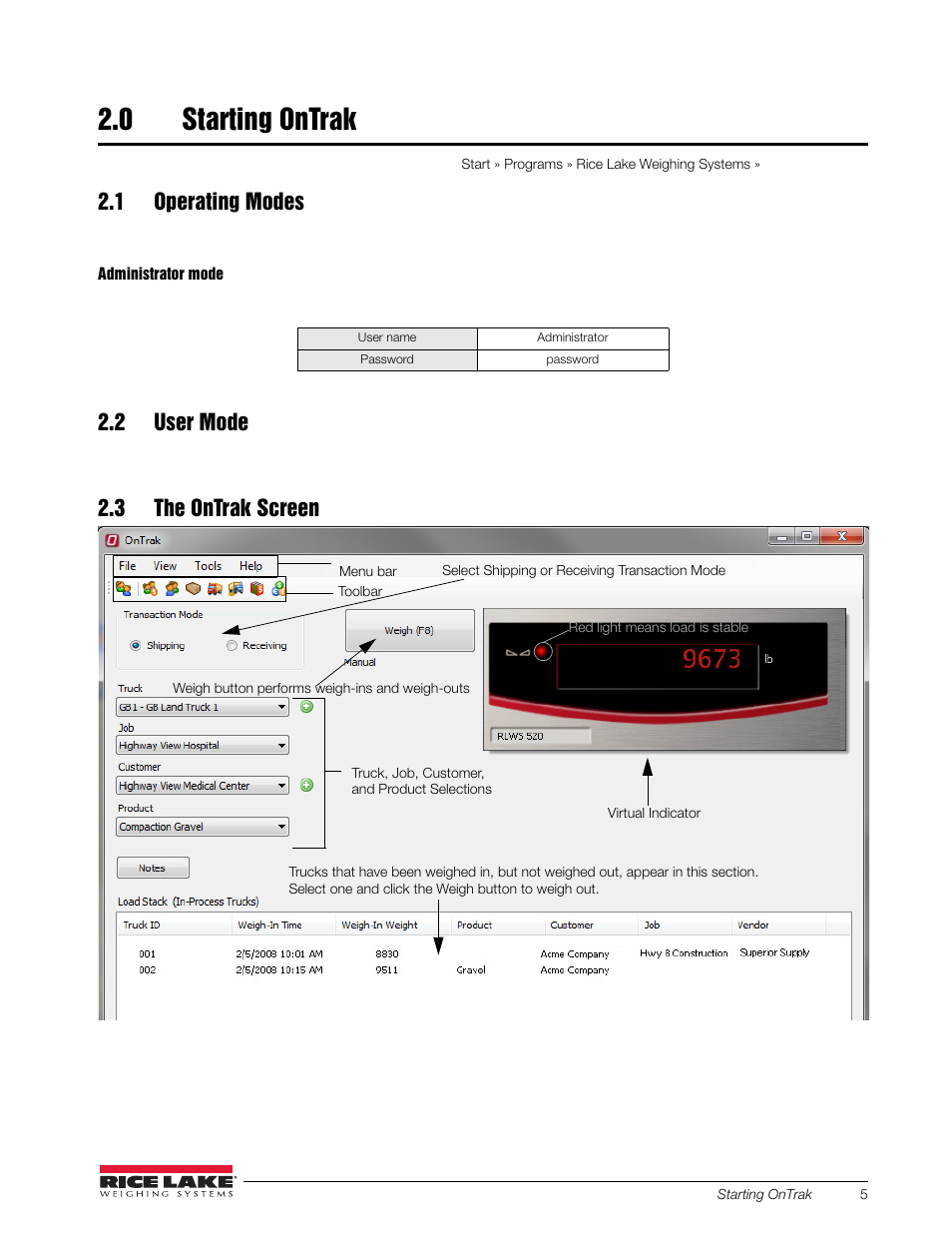 0 starting ontrak, 1 operating modes, 2 user mode | 3 the ontrak screen, Starting ontrak | Rice Lake OnTrak Truck Scale Data Management - Operation Manual User Manual | Page 9 / 48