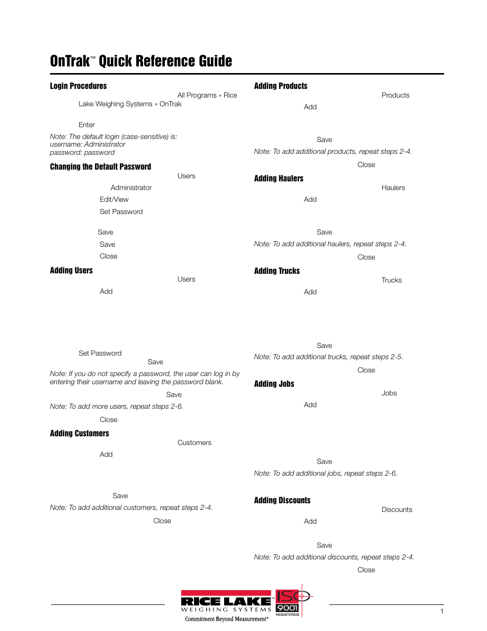 Rice Lake OnTrak Truck Scale Data Management - Quick Reference Guide User Manual | 2 pages