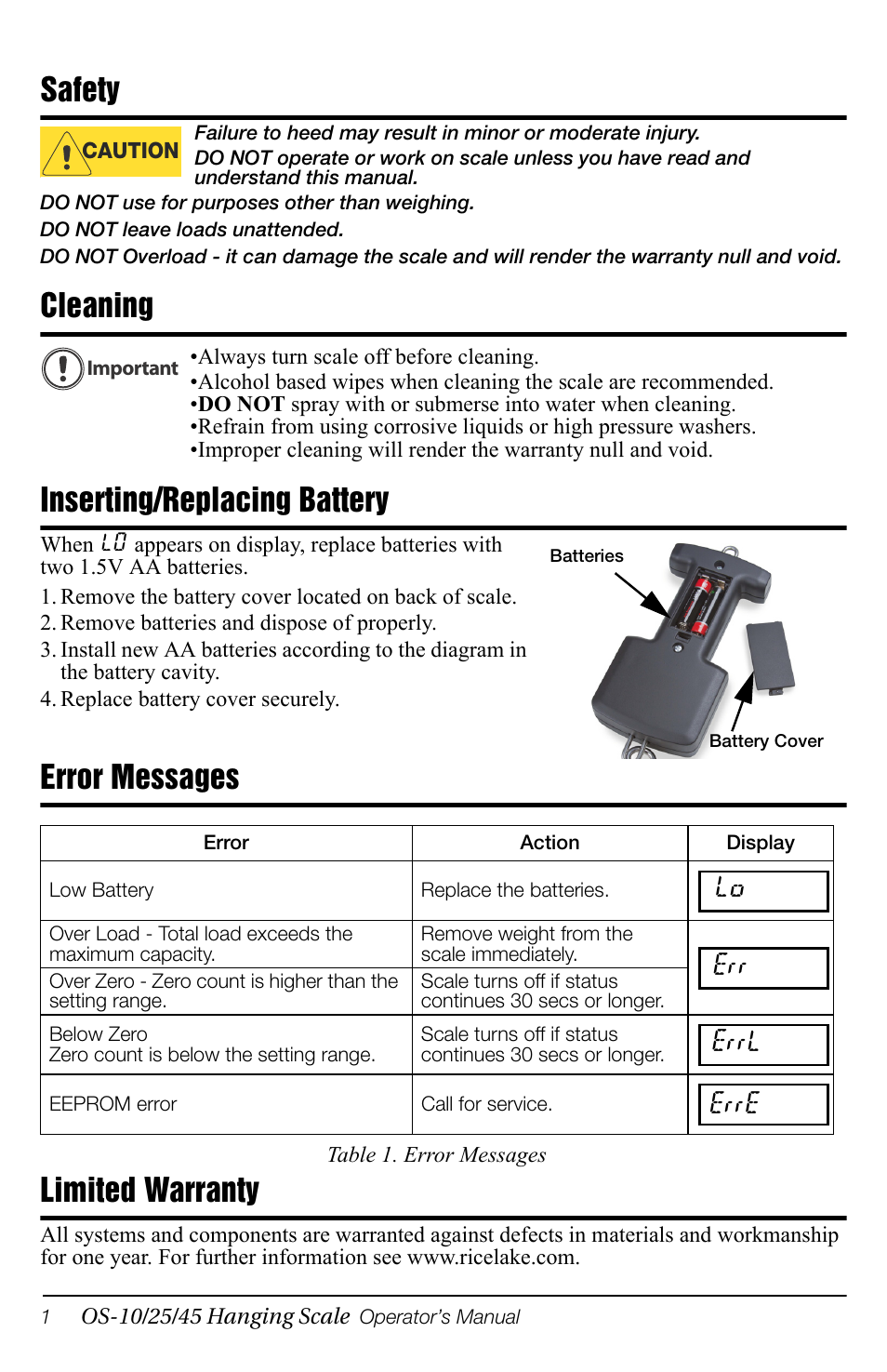 Safety, Cleaning, Inserting/replacing battery | Error messages, Limited warranty, Lo err errl erre | Rice Lake OS-45 Infant Weighing (Hanging Scale) User Manual | Page 2 / 4