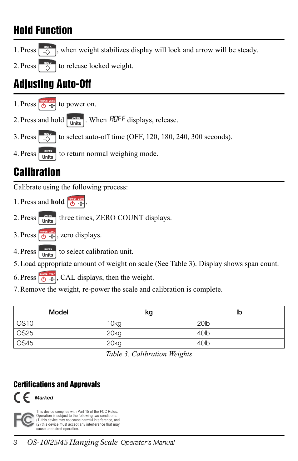 Hold function, Adjusting auto-off, Calibration | Rice Lake OS-45 Infant Weighing (Hanging Scale) User Manual | Page 4 / 4