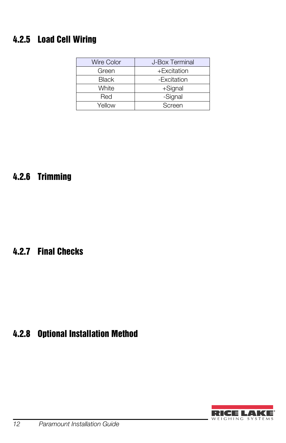 5 load cell wiring, 6 trimming, 7 final checks | 8 optional installation method, Section 4.2.8 | Rice Lake SURVIVOR Paramounts HE Medium Capacity User Manual | Page 16 / 24