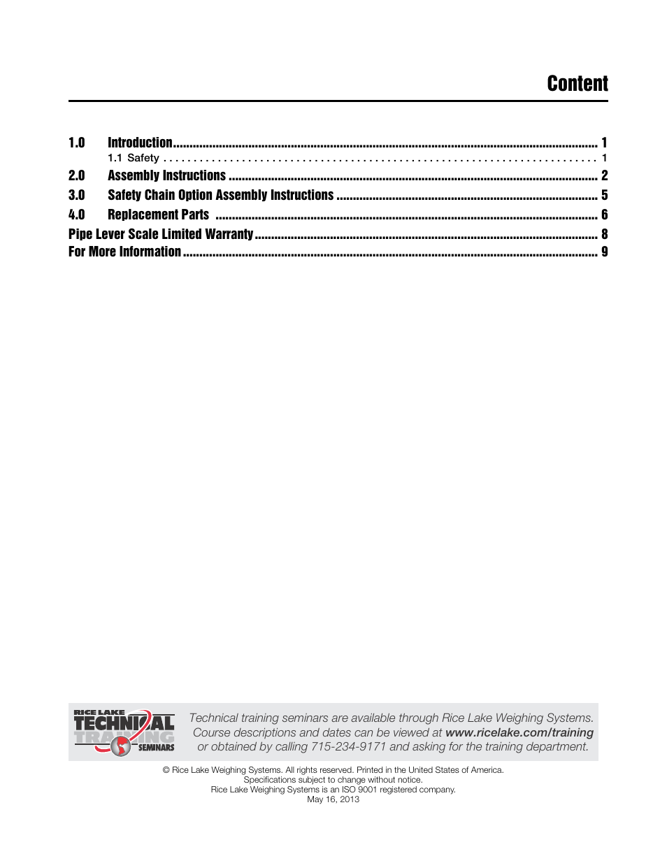 Content | Rice Lake Pipe Lever Scale User Manual | Page 3 / 16