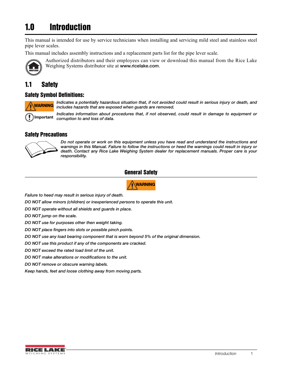 0 introduction, 1 safety, Introduction | Rice Lake Pipe Lever Scale User Manual | Page 5 / 16