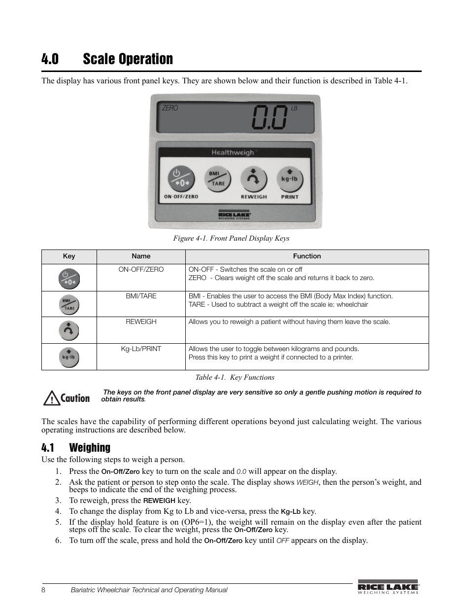 0 scale operation, 1 weighing, Aution | Rice Lake Portable Bariatric Wheelchair Scale Single Ramp (350-5) - Rice Lake Bariatric Wheelchair Scale User Manual | Page 12 / 38