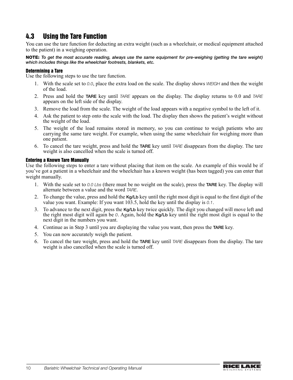 3 using the tare function | Rice Lake Portable Bariatric Wheelchair Scale Single Ramp (350-5) - Rice Lake Bariatric Wheelchair Scale User Manual | Page 14 / 38