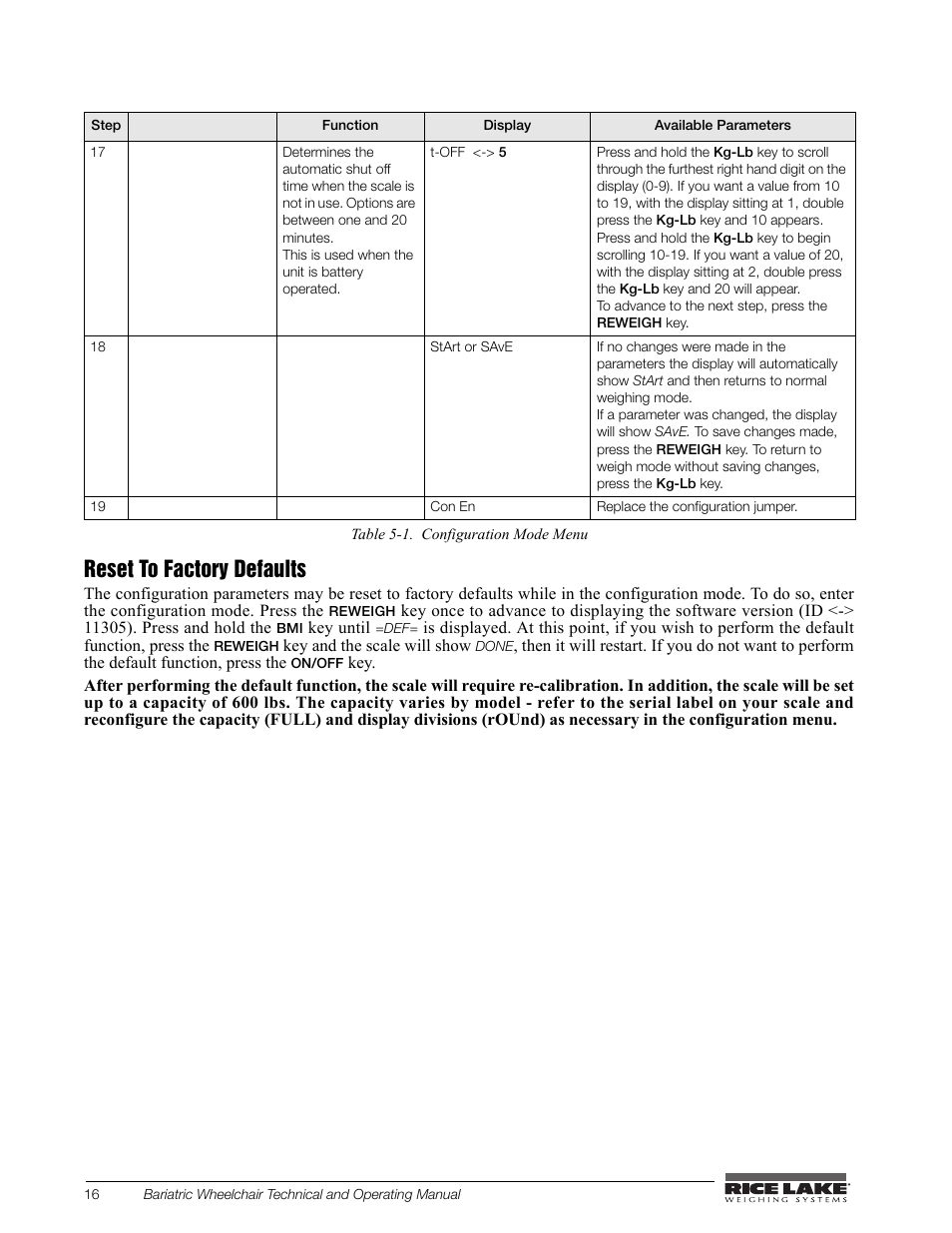 Reset to factory defaults | Rice Lake Portable Bariatric Wheelchair Scale Single Ramp (350-5) - Rice Lake Bariatric Wheelchair Scale User Manual | Page 20 / 38