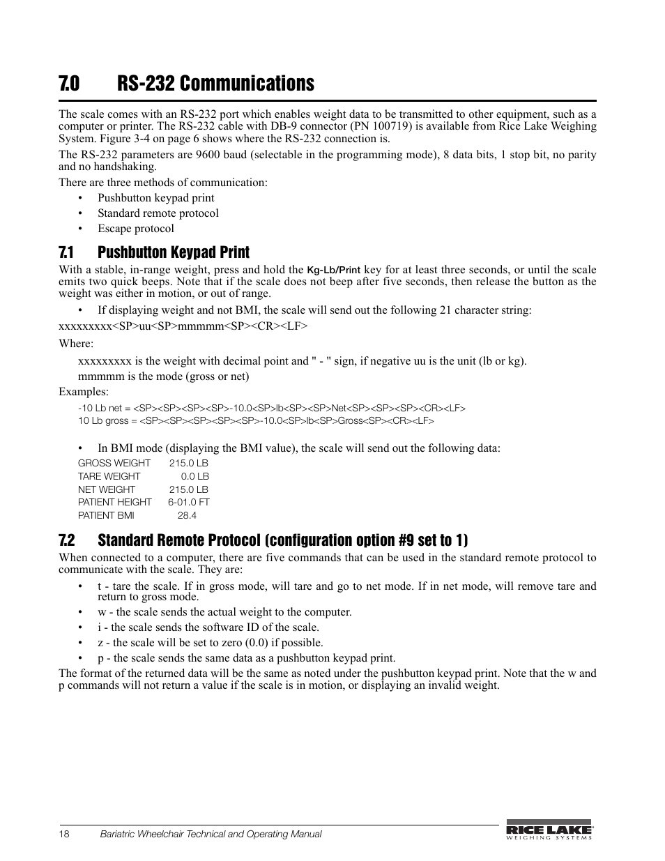 0 rs-232 communications, 1 pushbutton keypad print | Rice Lake Portable Bariatric Wheelchair Scale Single Ramp (350-5) - Rice Lake Bariatric Wheelchair Scale User Manual | Page 22 / 38